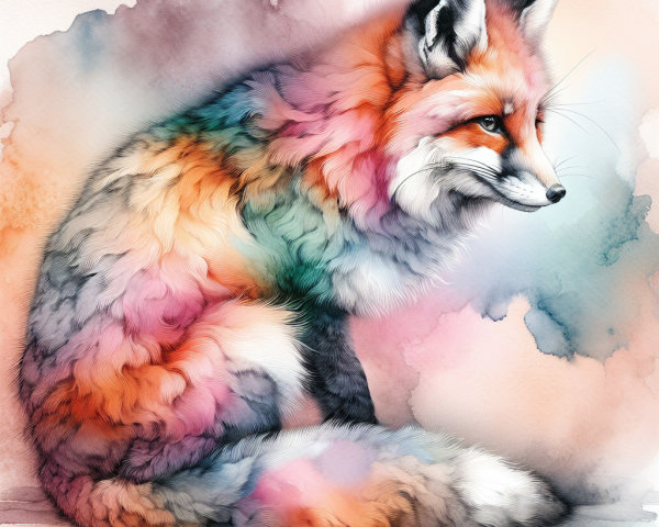 Colorful Watercolor Illustration of a Fox Sitting Gracefully
