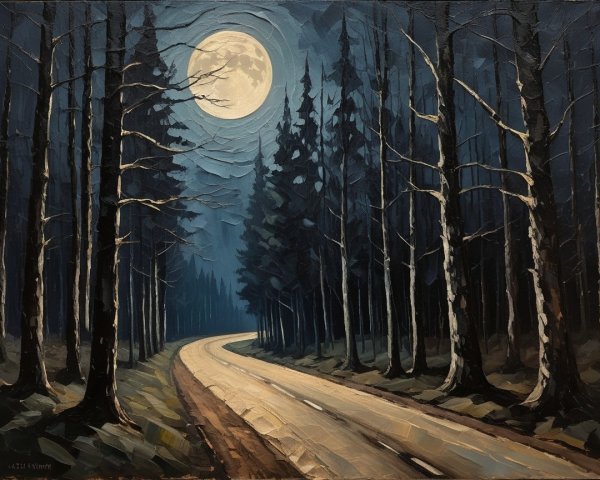 Winding Road Through Eerie Forest Under Full Moon