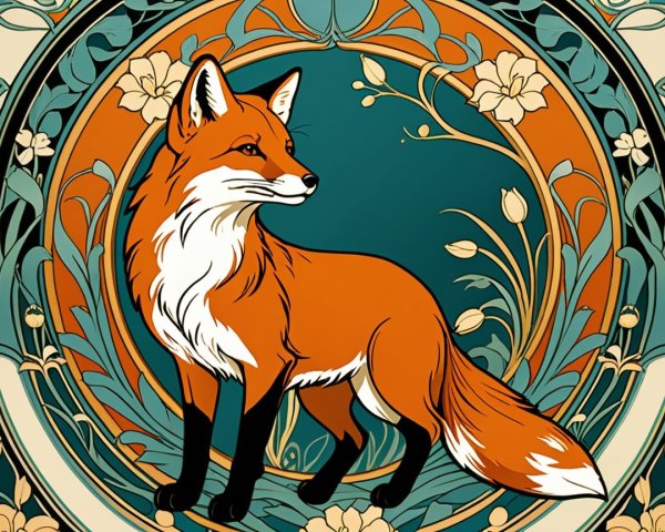Stylized Fox Illustration with Floral Art Nouveau Design