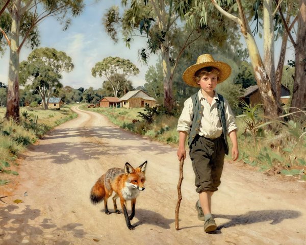 Young Boy Walking with Fox in Rural Landscape Painting