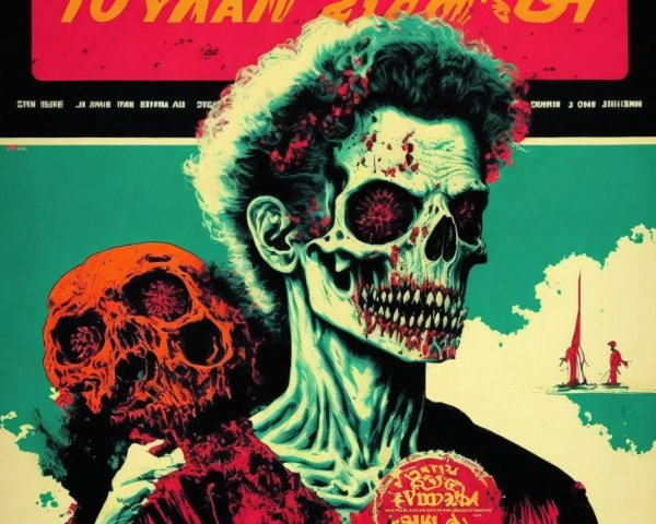 Retro Poster Featuring Skeletal Figure and Vibrant Colors