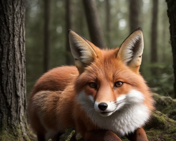 Red fox resting in lush green moss in a forest
