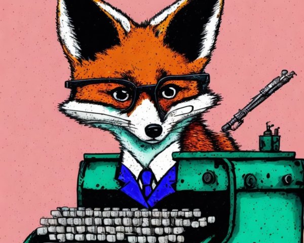 Clever fox in glasses at vintage typewriter illustration