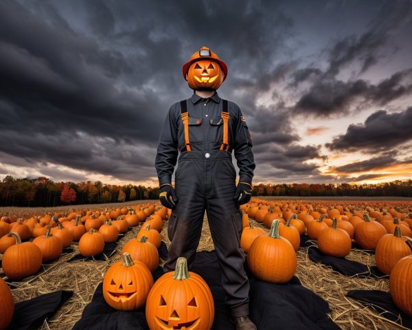 Scarecrow with Jack-o'-Lantern in Pumpkin Field