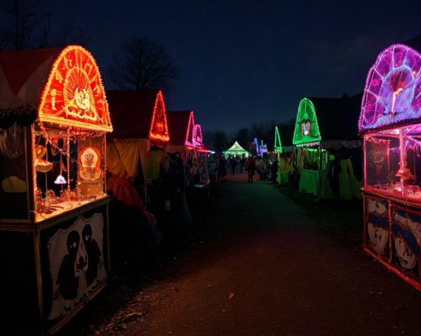 Vibrant Night Market with Colorful Neon Lights