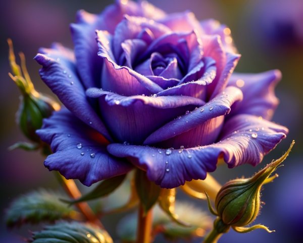 Majestic Purple Rose with Dew Drops and Budding Bloom