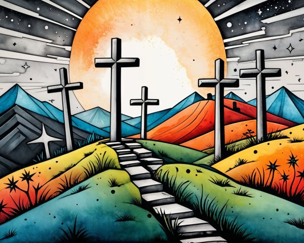 Vibrant Landscape with Stone Path and Colorful Hills