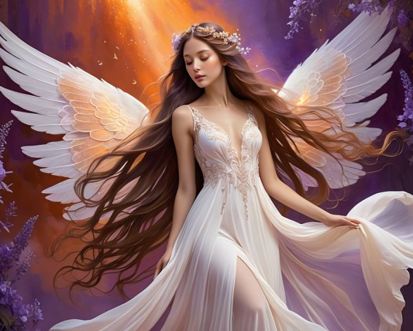 Serene Angelic Figure in Flowing Gown with Wings