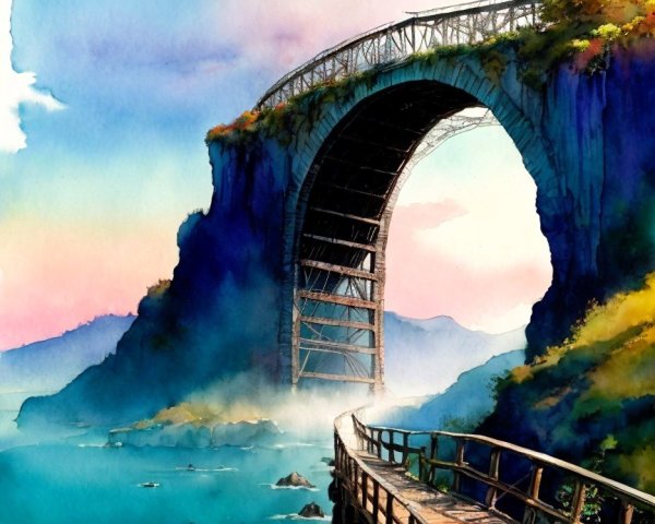 Watercolor Landscape of a Bridge and Serene Waters