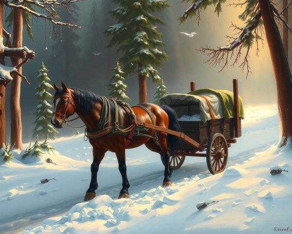 Winter Landscape with Horse and Wooden Wagon