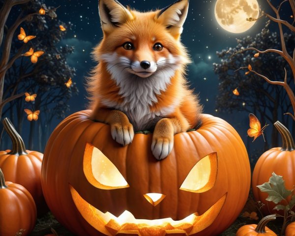 Fox Peeking from Pumpkin in Moonlit Autumn Scene