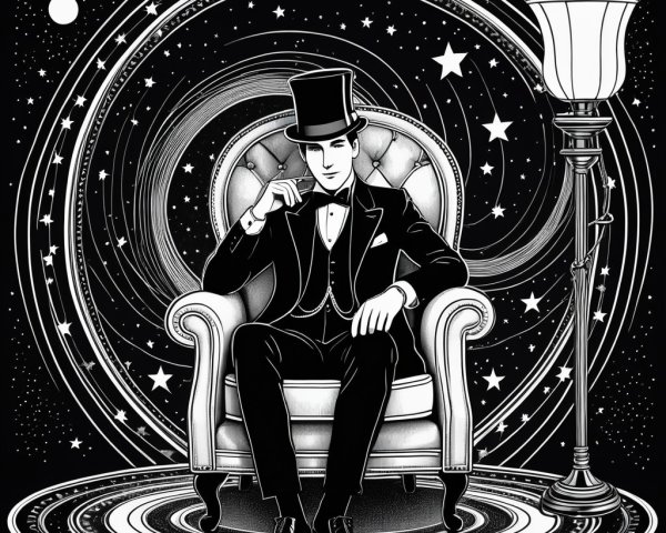 Elegant Man in Top Hat Surrounded by Cosmic Backdrop