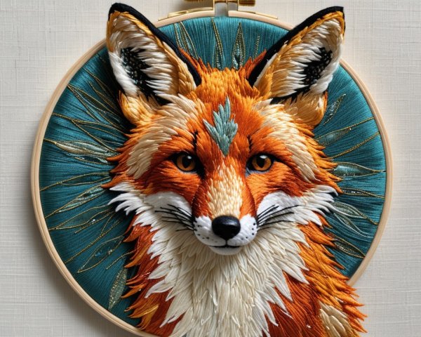 Vibrant Embroidery of a Stylized Fox Head Design