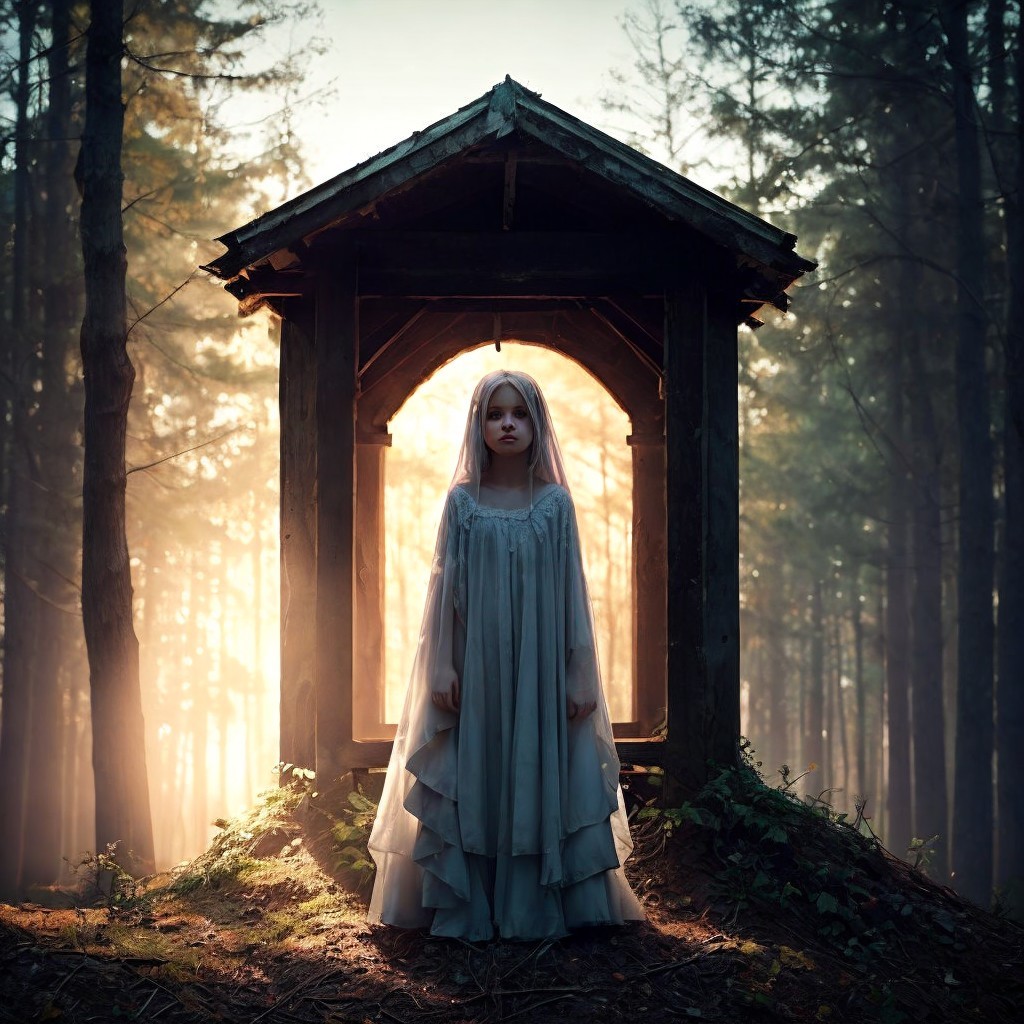 Young girl in a serene forest with golden sunlight