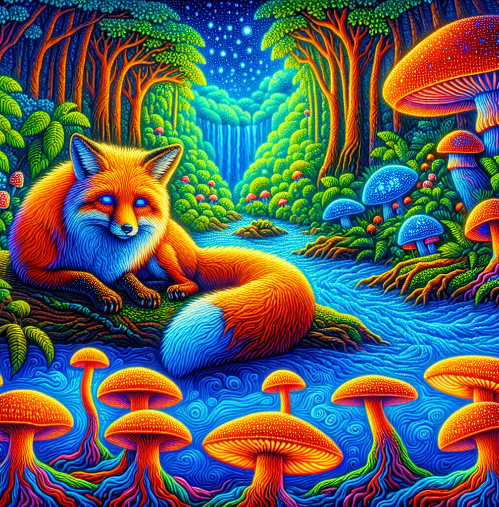 Surreal Forest with Luminous Fox and Colorful Mushrooms
