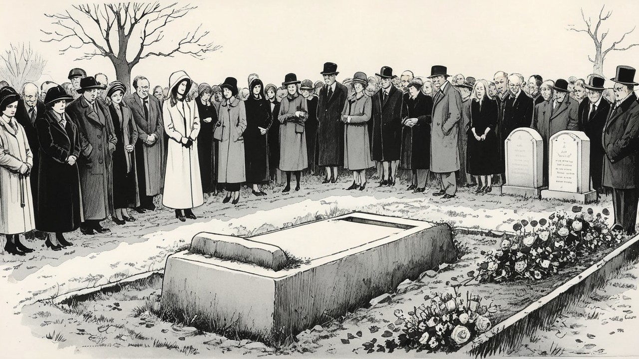 Funeral Scene with Mourning Attendees and Headstones