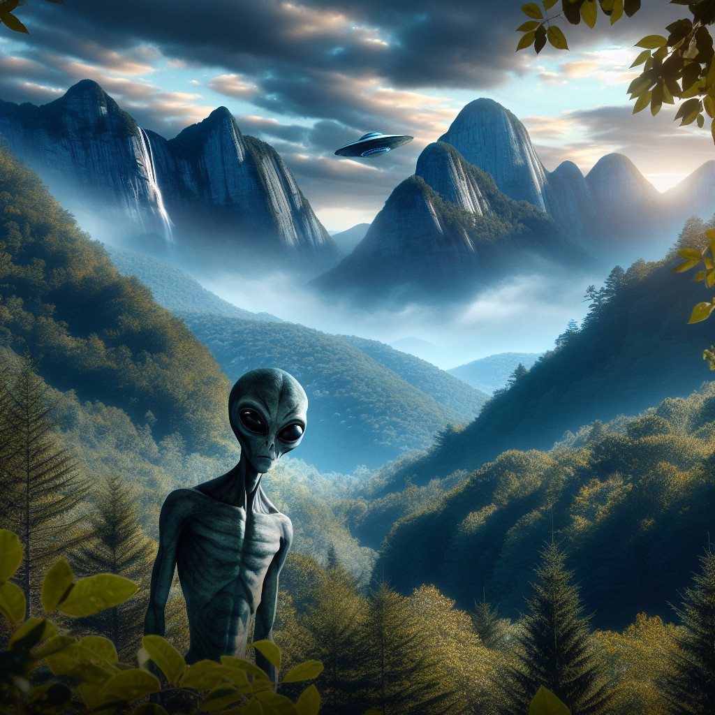 Alien Figure in Lush Valley with Hovering Spacecraft