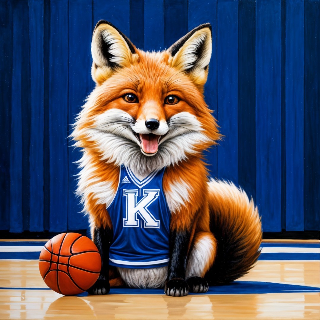 Cheerful fox in blue jersey on basketball court