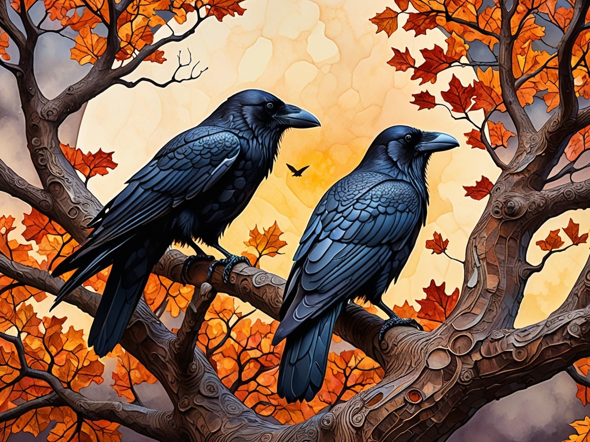 Black Ravens on Twisted Branch with Autumn Leaves
