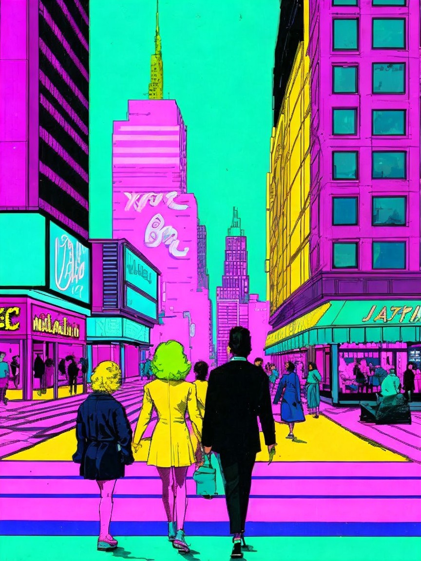 Vibrant Surreal Cityscape with Neon Colors and People