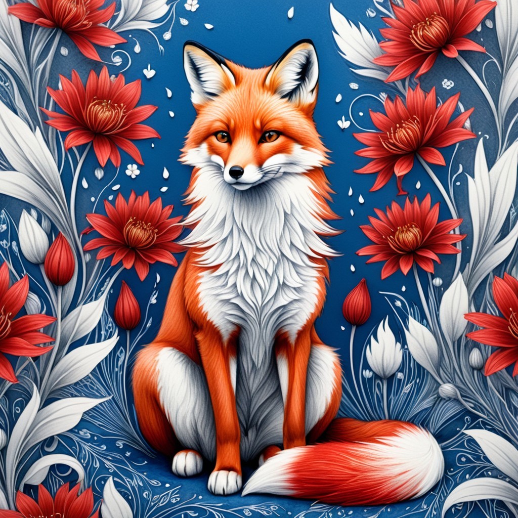 Stylized fox among red flowers and blue background