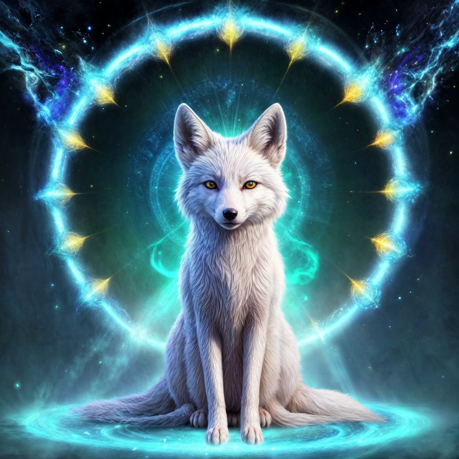 Mystical white fox with glowing fur and cosmic aura