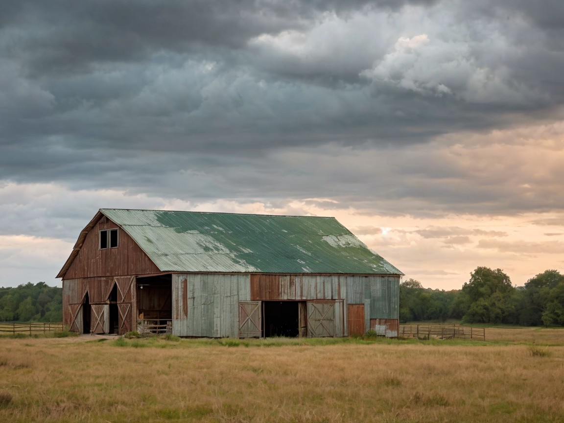 Rustic barn in open field under dramatic cloudy sky