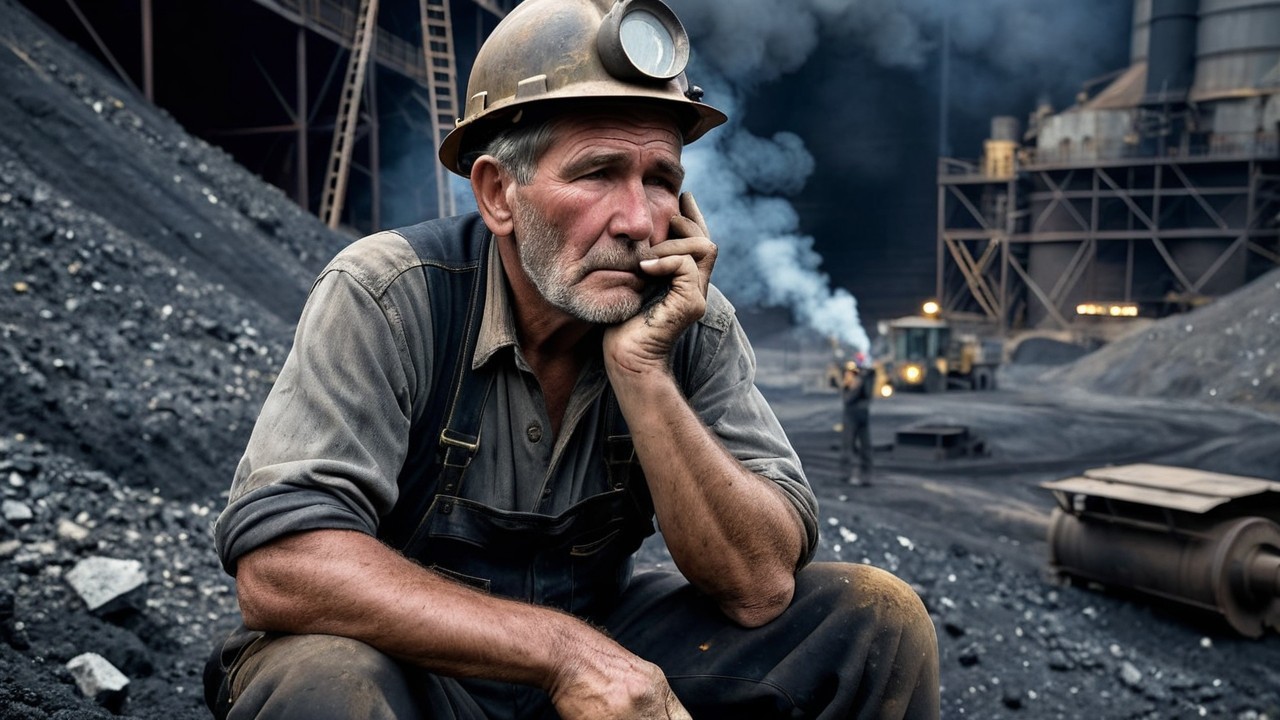Coal Miner in Reflective Moment at Mining Site