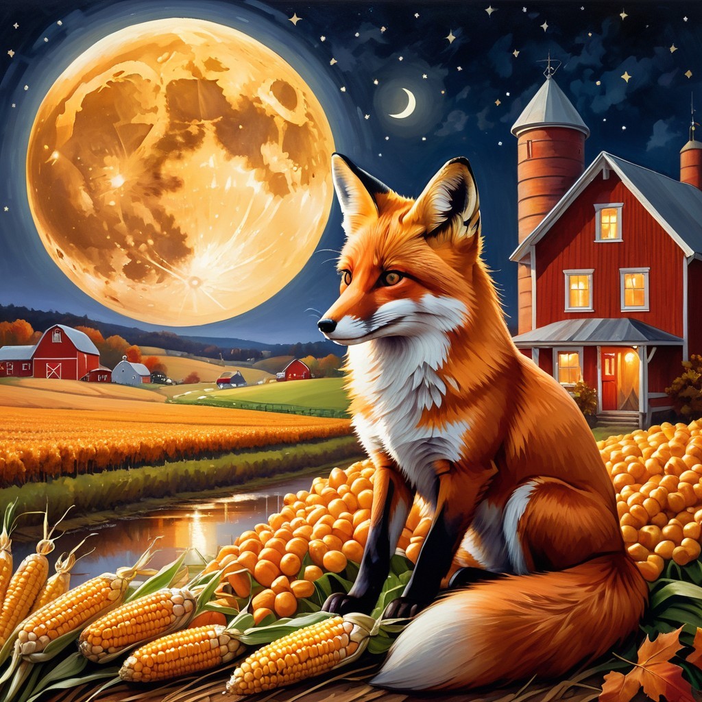 Fox in Golden Corn Stalks Under Full Moonlight