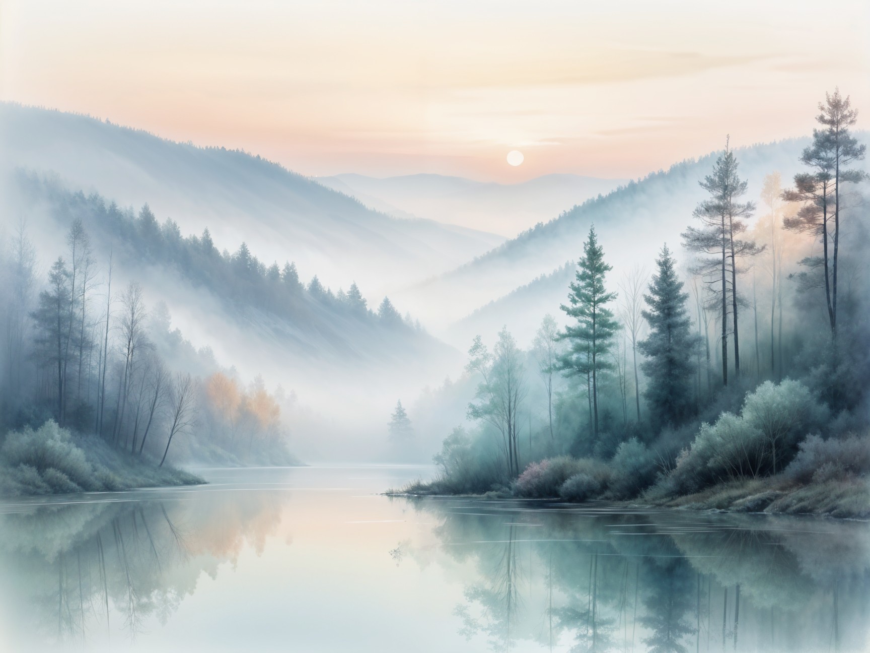 Misty Mountains and Calm River at Dawn