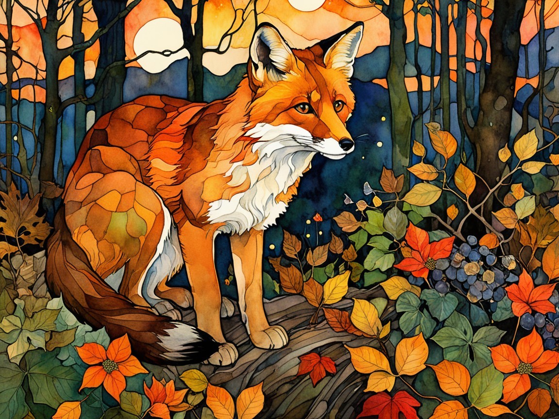 Stained Glass Artwork of a Fox in Autumn Foliage