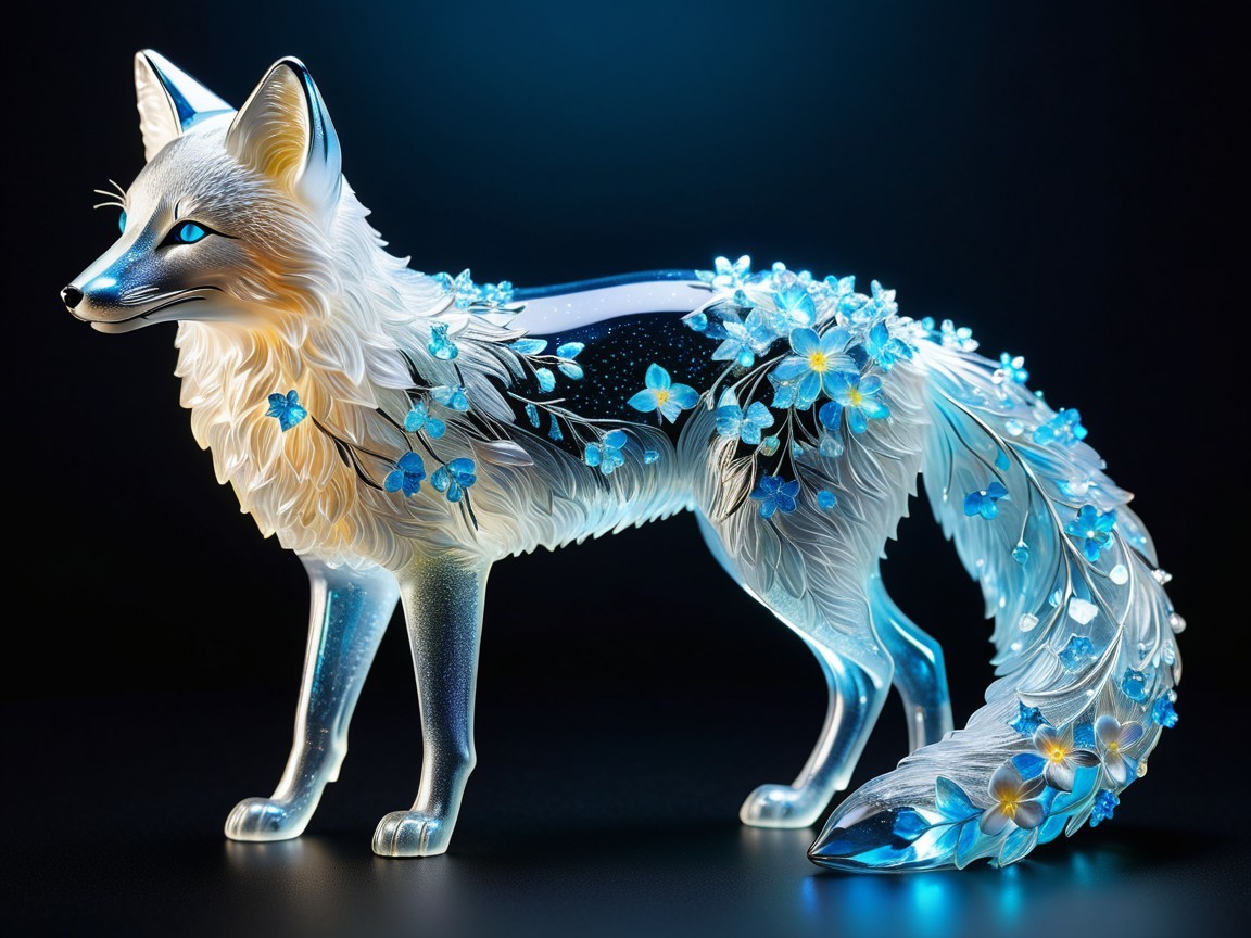 Intricate Glass Sculpture of a Fox with Blue Flowers