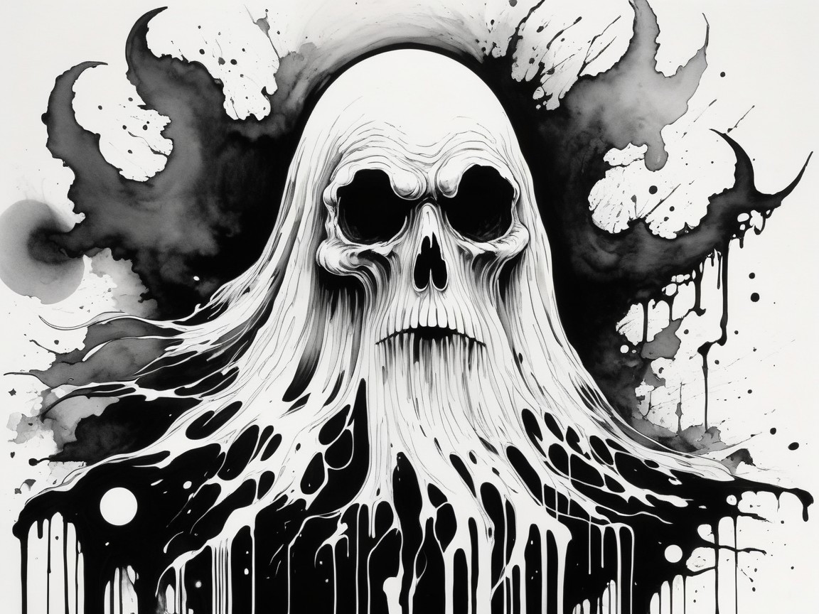 Eerie Black-and-White Illustration of a Ghostly Skull