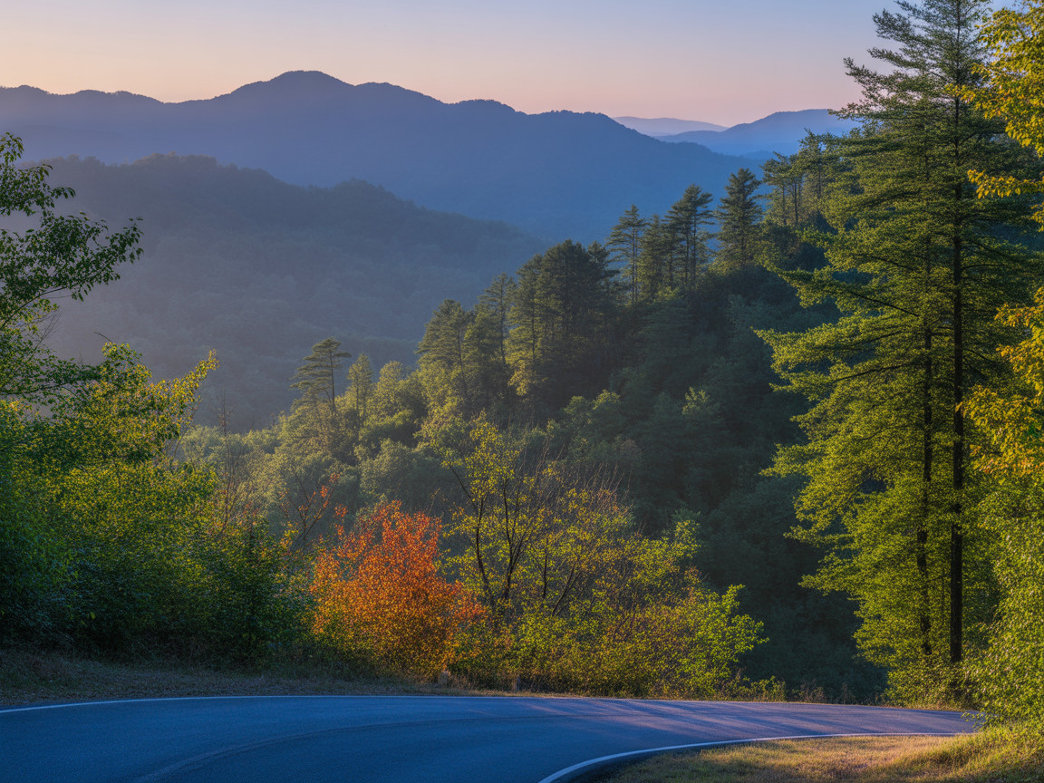 Serene Landscape with Winding Road and Fall Foliage