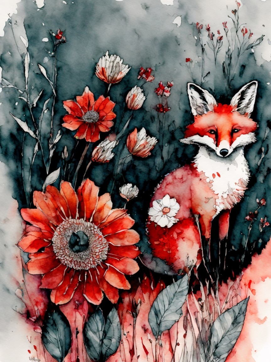 Watercolor Illustration of a Red Fox in Flowers