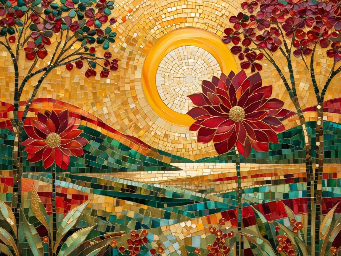 Vibrant Mosaic Artwork of Flowers and Scenic Landscape