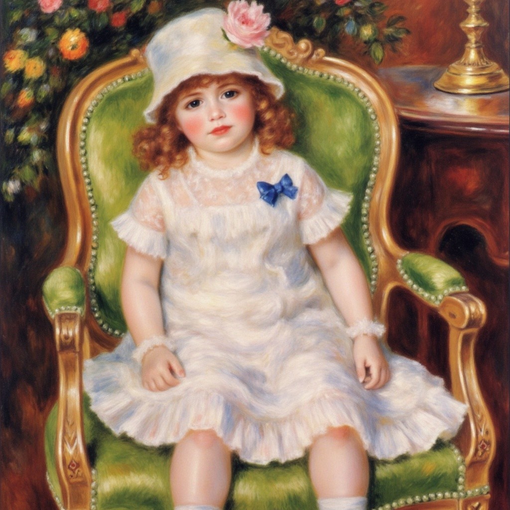 Young girl in white dress seated in ornate green chair