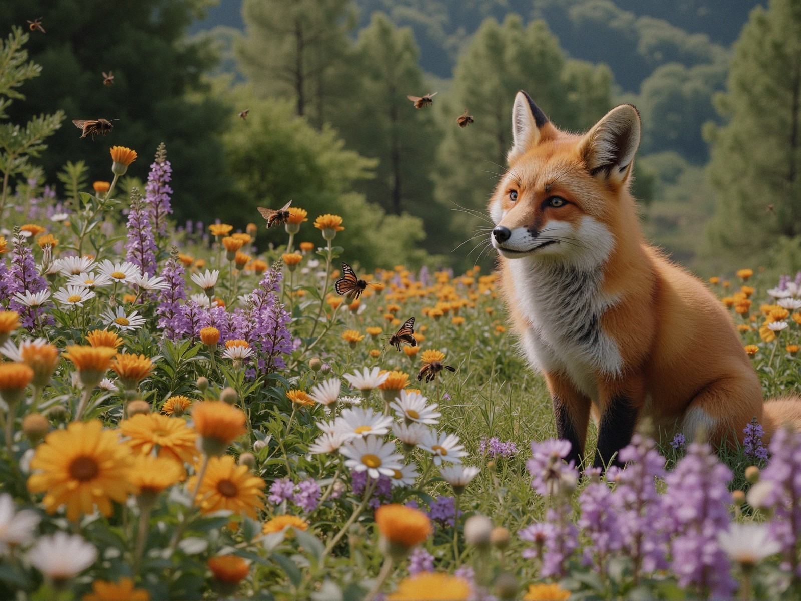 Fox in Vibrant Meadow Surrounded by Wildflowers