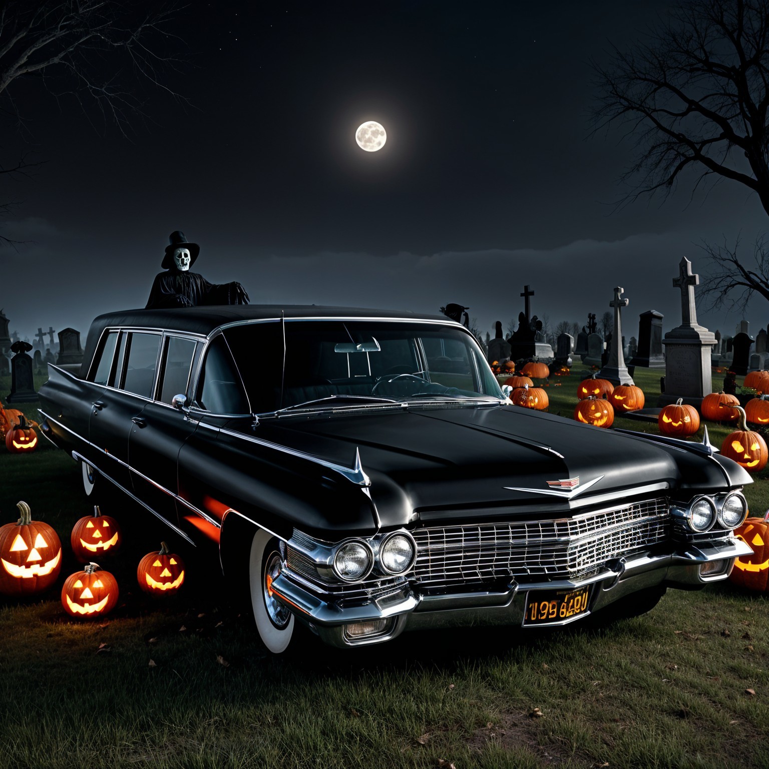 Black Cadillac Limousine in Cemetery with Jack-o'-Lanterns