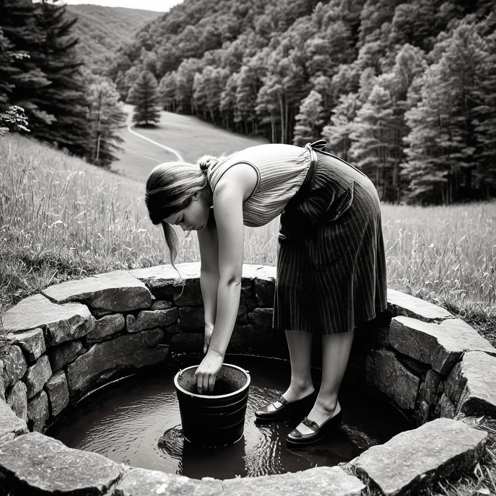 Woman at Rustic Stone Well in Serene Landscape