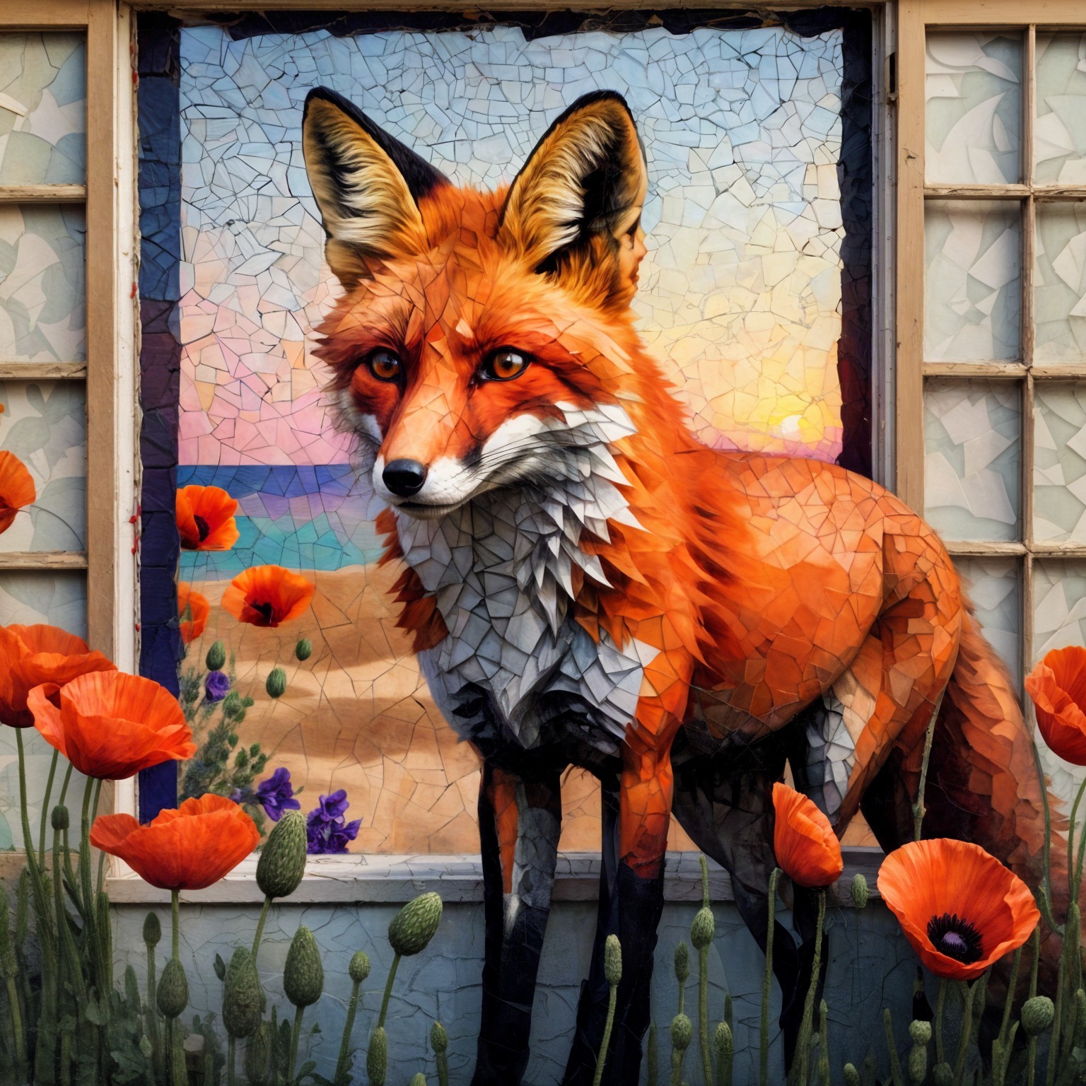 Mosaic Artwork Featuring Fox and Colorful Sunset