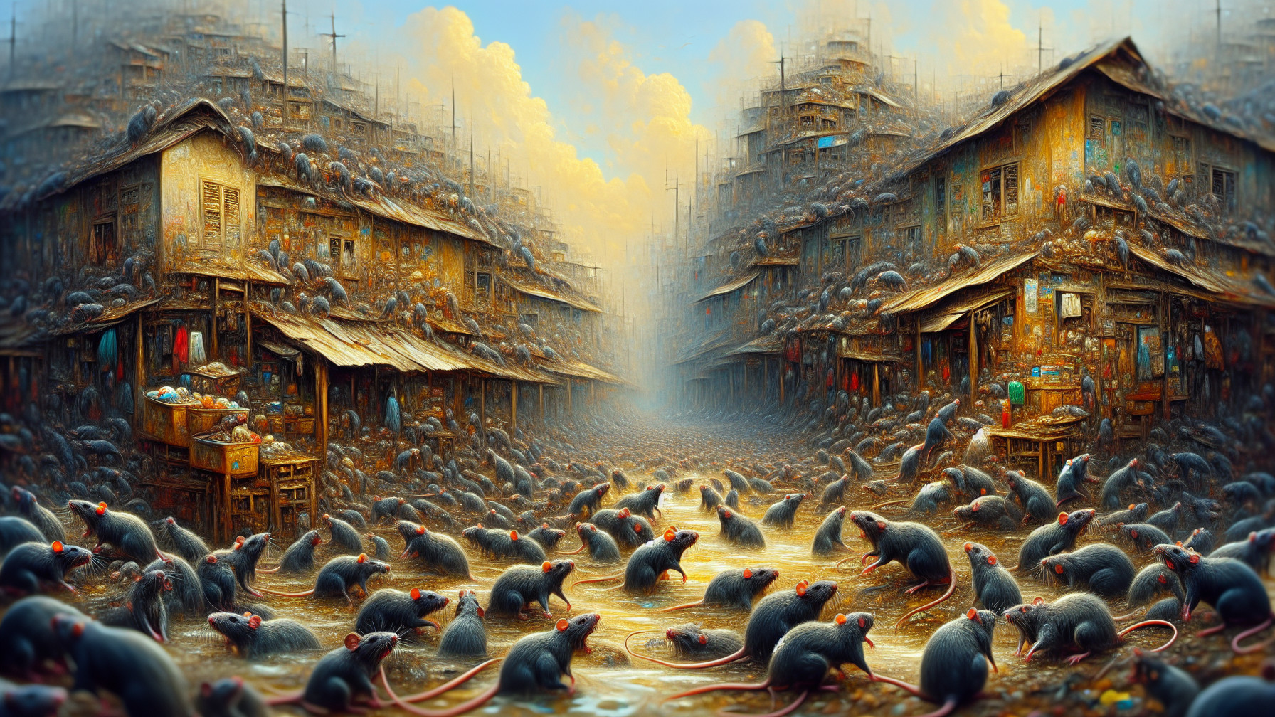 Surreal Urban Landscape with Crumbling Buildings and Rats