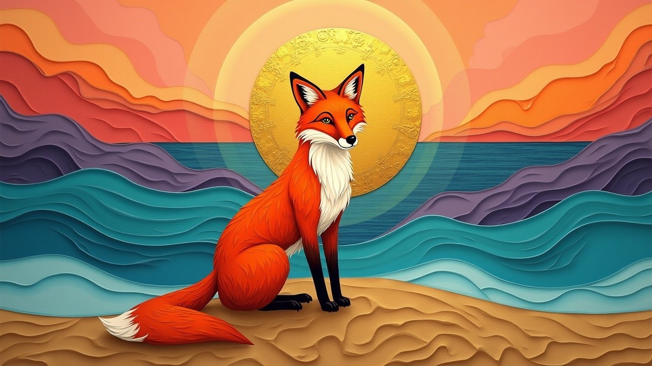 Vibrant Paper Art of a Fox on a Beach Scene