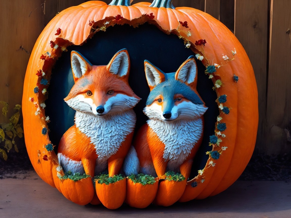 Carved Orange Pumpkin with Foxes and Colorful Leaves
