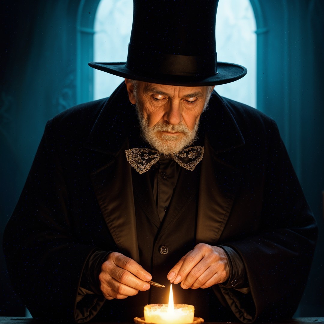 Older Man with Top Hat Lighting a Candle in Blue Tones