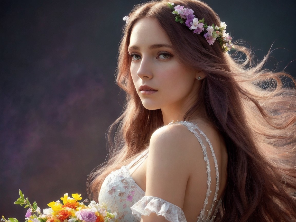 Young woman in floral crown with bouquet in soft scene