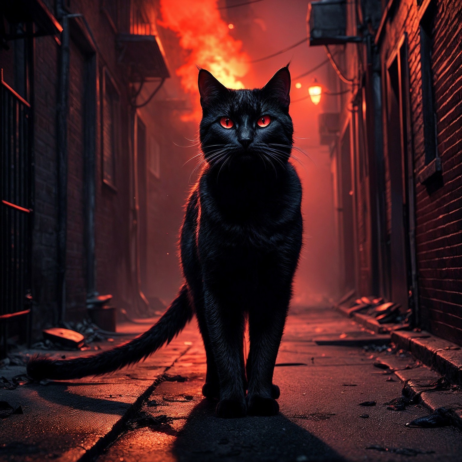 Sleek Black Cat with Orange Eyes in Dim Alley