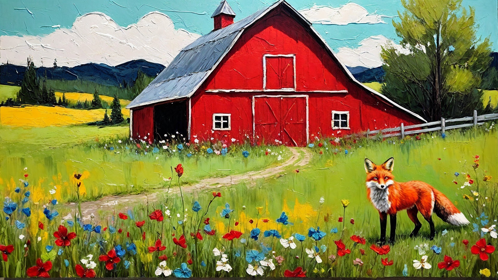 Vibrant Landscape with Red Barn and Fox in Bloom