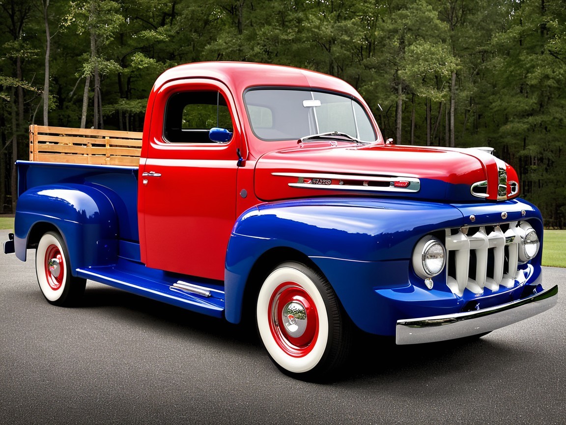 Vintage Pickup Truck with Two-Tone Red and Blue Paint