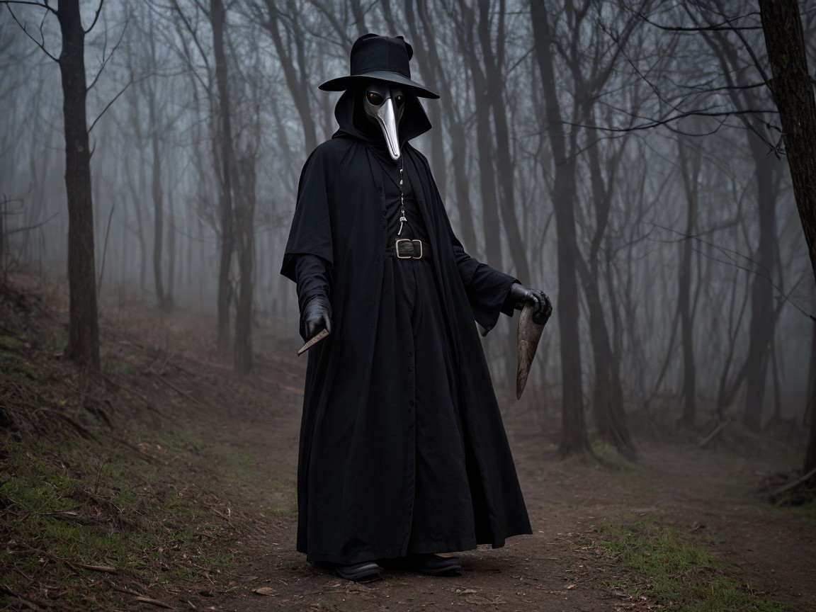 Mysterious Figure in Foggy Forest with Cloak and Mask